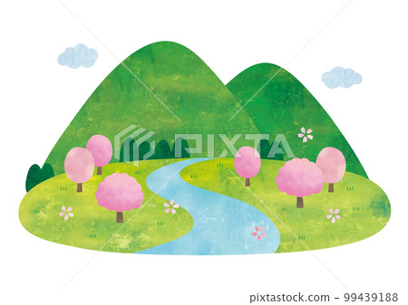 山川櫻花簡單水彩風景 山川櫻花簡單水彩風景 99439188