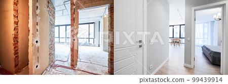 Living room and bedroom with large windows and doors before and after refurbishment or restoration. Old apartment before renovation and new renovated flat with parquet floor and furniture. 99439914