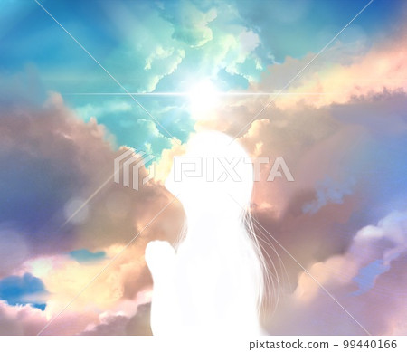 一個雙手合十向上帝祈禱的女孩的側影，以及從天而降的神聖光芒的背景圖像 99440166