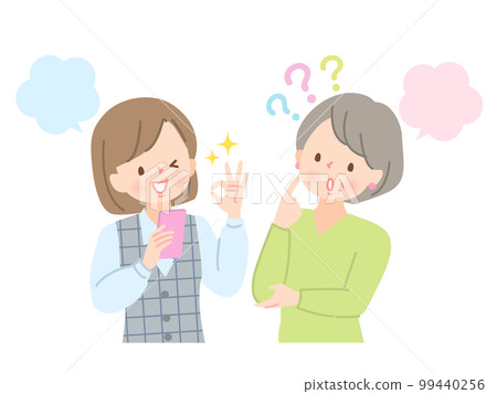 一位年輕女性用智能手機尋找並告訴一位遇到麻煩的老年女性 99440256