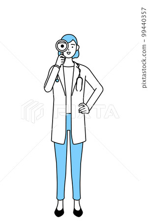 一位穿白大褂的女醫生用放大鏡看 99440357