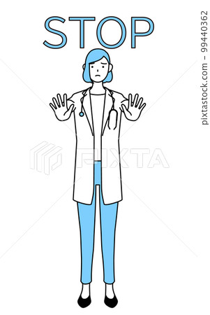 A female doctor wearing a white coat that puts out her hand in front of her body to signal the stop A female doctor wearing a white coat that puts out her hand in front of her body to signal the stop 99440362