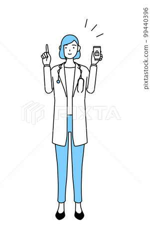 一位身穿白大褂的女醫生為智能手機採取安全措施 99440396