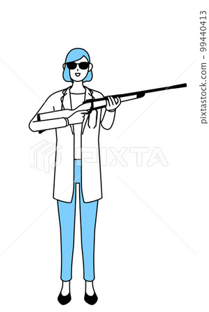 A female doctor in a white coat wearing sunglasses and holding a rifle 99440413