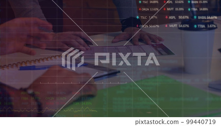 Image of financial data processing over diverse business people 99440719