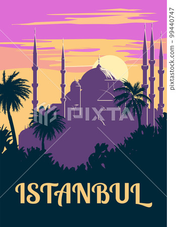 Retro Poster Istanbul, sunset city Turkey, Noble Hagia Sophia Grand Mosque, silhouette. Vintage touristic postcard 99440747