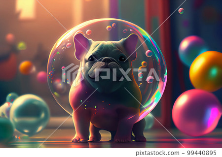 Funny French bulldog puppy, standing in a transparent balloon, cartoon style, evening. Funny French bulldog puppy, standing in a transparent balloon, cartoon style, evening. 99440895