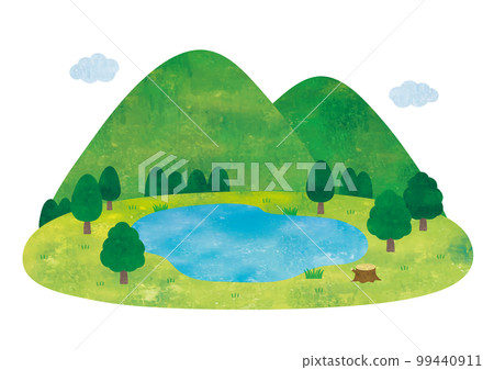 Simple watercolor landscape of mountains, ponds (swamps) and forests 99440911