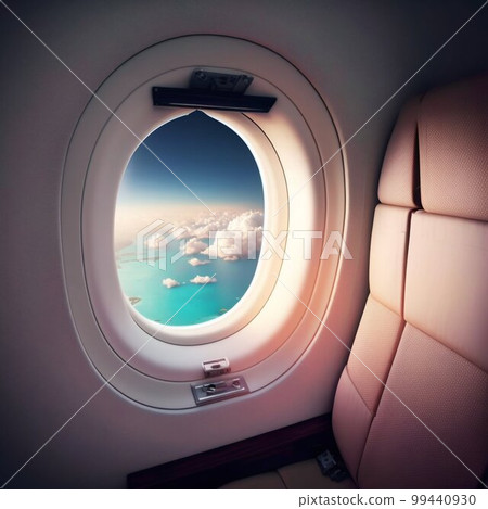 Airplane Window Porthole and Passenger Chair in Business Class. Generative AI 99440930