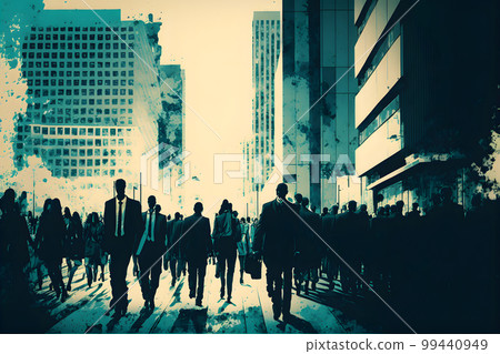 crowd of office people in city downtown district walking to their work at summer morning, neural network generated art 99440949