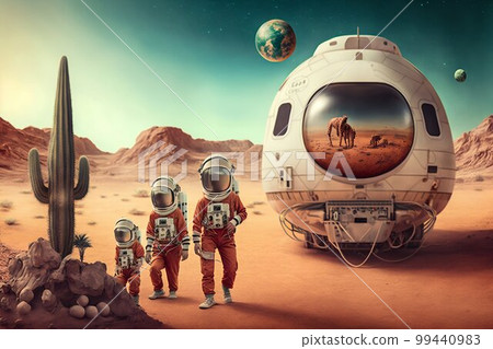 Family Astronauts Tourists Colonizers Vacation Trip on other Planet. Generative AI Family Astronauts Tourists Colonizers Vacation Trip on other Planet. Generative AI 99440983
