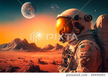 Astronaut Tourist Colonizer on other Planet. Generative AI 99440993
