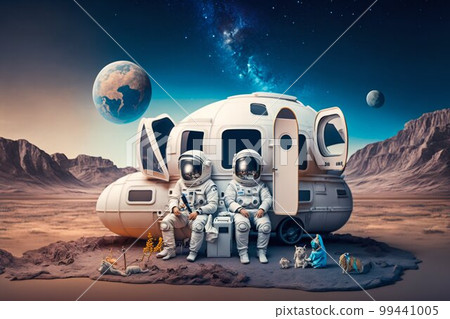 Family Astronauts Tourists Colonizers Vacation Trip on other Planet. Generative AI Family Astronauts Tourists Colonizers Vacation Trip on other Planet. Generative AI 99441005