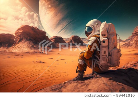 Astronaut Tourist Colonizer on other Planet. Generative AI 99441010