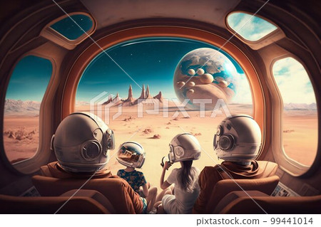 Family Astronauts Tourists Colonizers Vacation Trip on other Planet. Generative AI 99441014