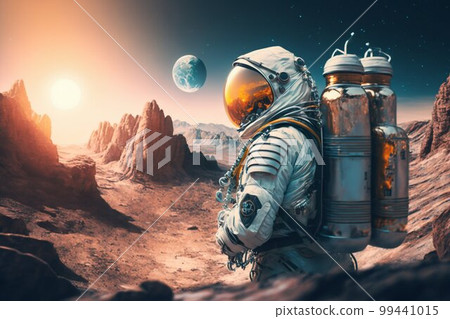 Astronaut Tourist Colonizer on other Planet. Generative AI 99441015
