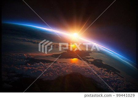 Sunset in Space on Earth Horizont. Generative AI Sunset in Space on Earth Horizont. Generative AI 99441029