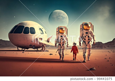 Family Astronauts Tourists Colonizers Vacation Trip on other Planet. Generative AI Family Astronauts Tourists Colonizers Vacation Trip on other Planet. Generative AI 99441075
