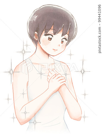 Watercolor illustration of a child who is happy to get healthy skin, hair loss, dermatitis 99441096