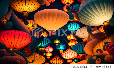 beautiful night background with glowing lanterns, neural network generated art 99441131