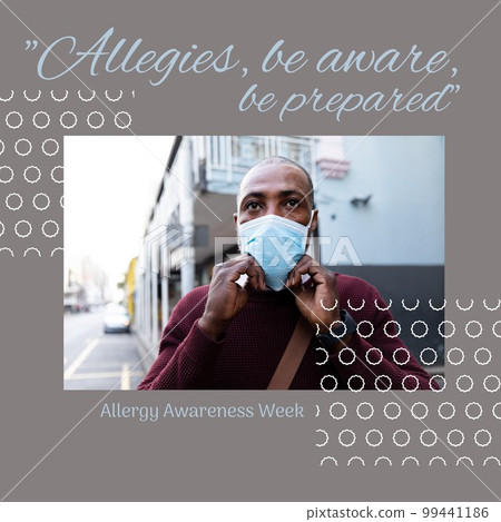 Composition of allergy awareness week text over african american man in face mask 99441186