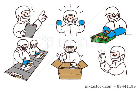 在食品廠工作的穿著白色衛生服的工人插圖集（手寫彩色） 99441199