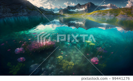 scenic ultra-wide angle view of lake and mountains at summer day, neural network generated art 99441276