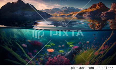 scenic ultra-wide angle view of lake and mountains at summer day, neural network generated art scenic ultra-wide angle view of lake and mountains at summer day, neural network generated art 99441277