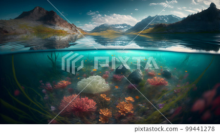 scenic ultra-wide angle view of lake and mountains at summer day, neural network generated art 99441278