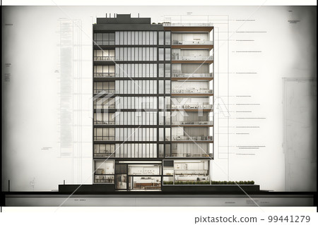 Contemporary apartment building, modern architecture, retail base, seven floors with large windows, neural network generated art 99441279