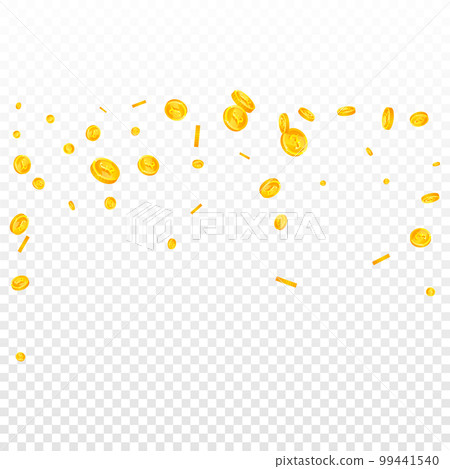 British pound coins falling. Scattered gold GBP coins. United Kingdom money. Jackpot wealth or success concept. Square vector illustration. 99441540
