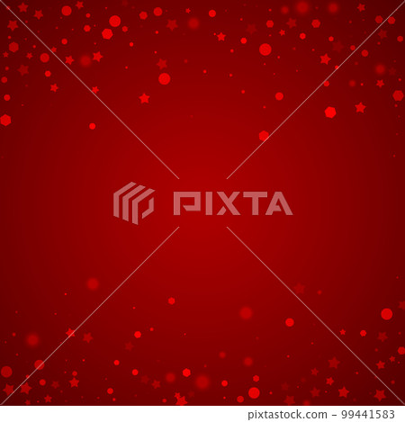 Falling snowflakes christmas background. Subtle flying snow flakes and stars on christmas red background. Beautifully falling snowflakes overlay. Square vector illustration. 99441583