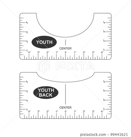 T shirt alignment guide. Youth size front and back template. Ruler for centering clothing design. Sewing measurement tool with markup and numbers for print or laser cut. Inches calibration 99441621