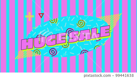 Huge sale graphic on pink and turquoise striped background 99441638