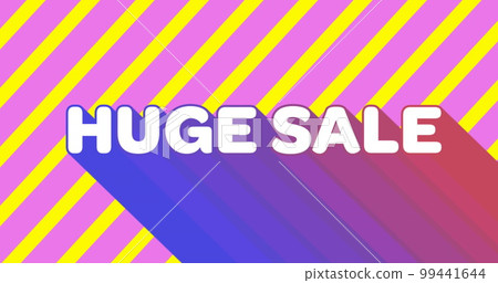 Huge sale graphic on pink and yellow diagonal striped background 99441644