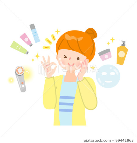 A young woman with beautiful skin and a cosmetic set 99441962