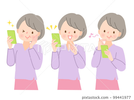 Illustration set of a middle-aged woman holding a smartphone and smiling 99441977