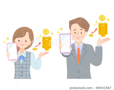 Illustration set of men and women who explain poi activity on smartphones 99441987