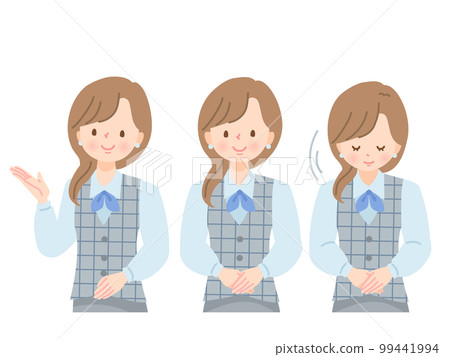 Facial expression set of a woman in a greeting pose Facial expression set of a woman in a greeting pose 99441994