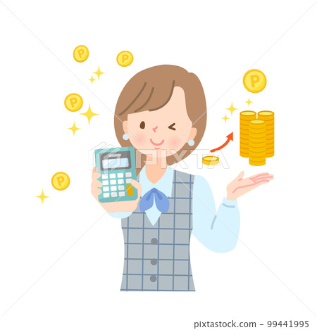 一個女人用計算器計算 poi 的圖像插圖 一個女人用計算器計算 poi 的圖像插圖 99441995