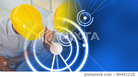 Composition of diverse business team in meeting interface with white circles Composition of diverse business team in meeting interface with white circles 99442229