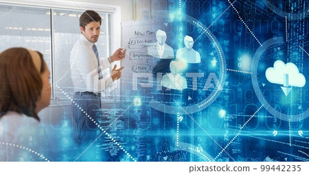 Composition of happy diverse businesspeople in meeting over interface with digita licons Composition of happy diverse businesspeople in meeting over interface with digita licons 99442235