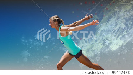 Composition of fit caucasian female athlete running with copy space Composition of fit caucasian female athlete running with copy space 99442428