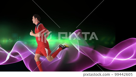 Composition of male rugby player running with copy space and pink light trails 99442605
