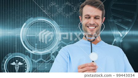 Composition of smiling male doctor holding stethoscope with dna strand and medical data processing 99443034
