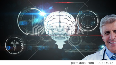 Composition of male doctor over virtual screen with medical icons 99443042