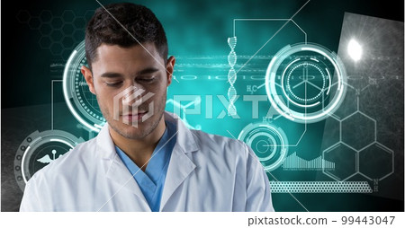 Composition of male doctor over screen with dna strand and medical data processing 99443047