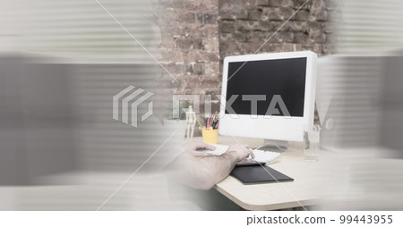 Composition of caucasian businessman using computer with double exposure Composition of caucasian businessman using computer with double exposure 99443955