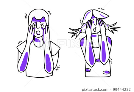 Young boy and girl with emotion of fear, frightened and afraid, cover their face with their hands. Half body sketch style line drawing. 99444222