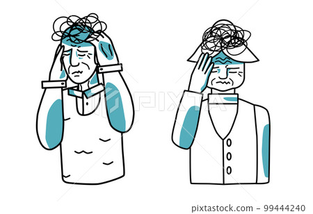 Stressed elderly man and woman, holding hands on a head, closed eyes. Stress mood of grandfather and grandmother, line art, half body hand drawn. Stressed elderly man and woman, holding hands on a head, closed eyes. Stress mood of grandfather and grandmother, line art, half body hand drawn. 99444240